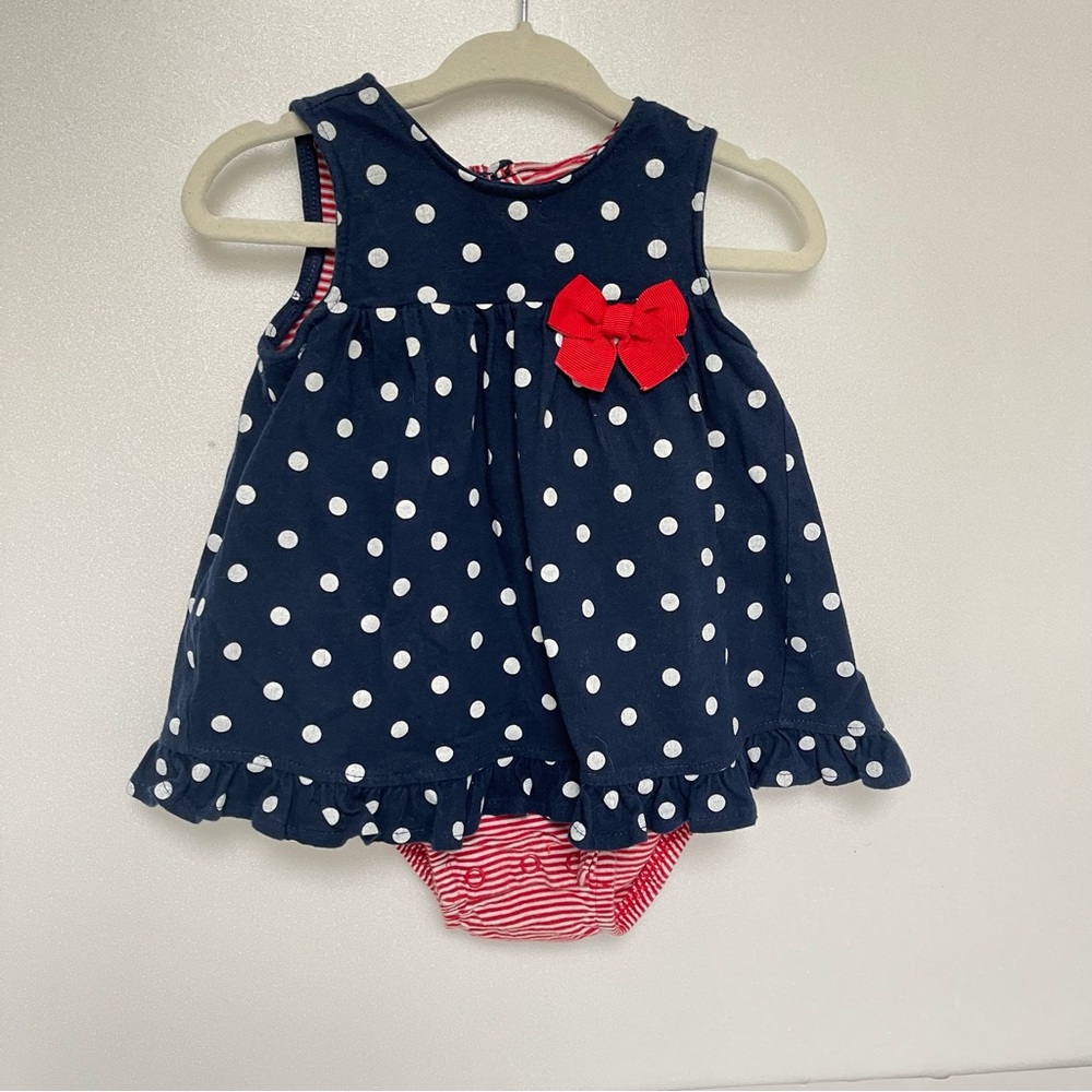Red White & Blue Navy Polka Dot Onesie Ruffle Dress with Red Bow size 12M